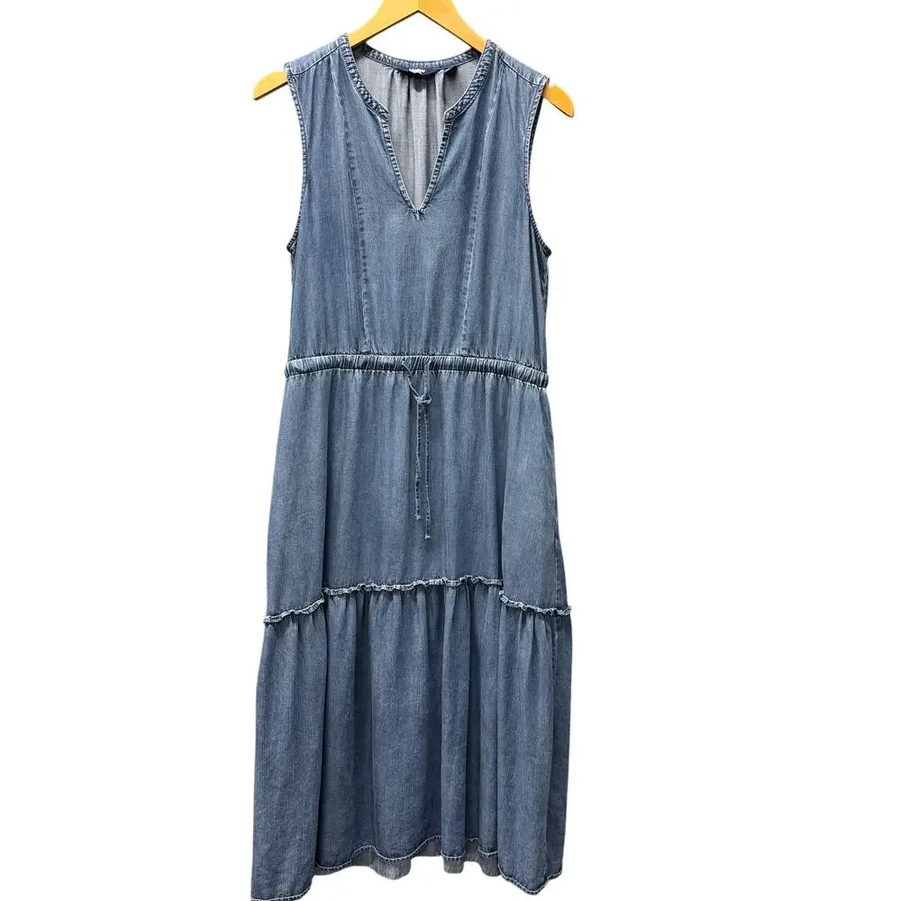 Lands End Tiered Dress Blue Chambray V-Neck Coastal Midi + Pockets Womens Medium - Picture 1 of 11